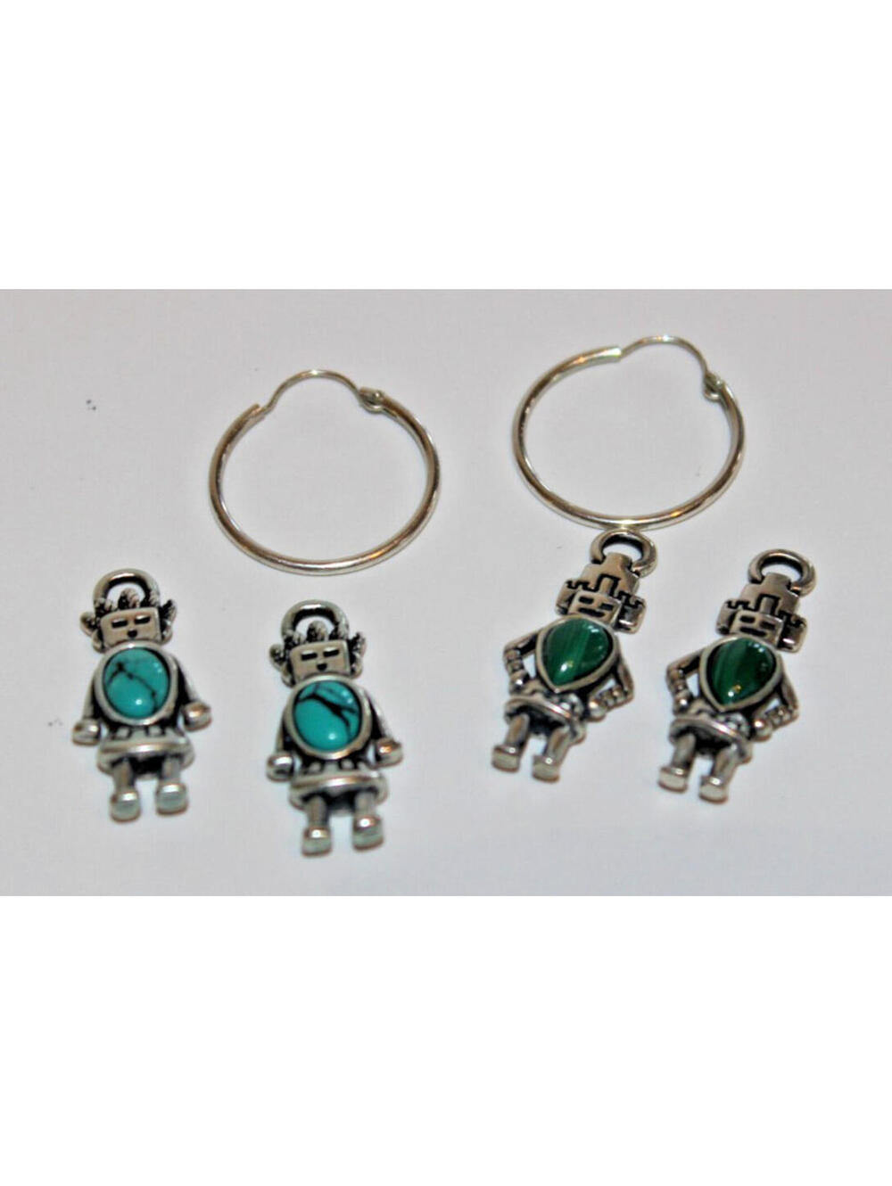 6 PieceVintage Sterling Silver Turquoise & Malachite Kokopelli Hoop Earrings Set